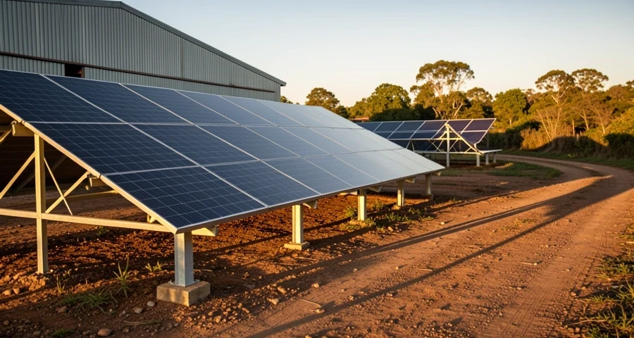 Aerial view of a poultry farm with a modern galpão covered in monocrystalline solar panels under bright midday sun, rural landscape with fields visible, shadows of panels sharp on the roof, clear blue sky