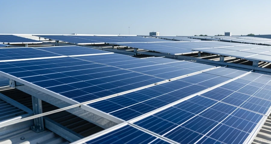 Aerial view of a commercial rooftop with rows of monocrystalline solar panels installed on a supermarket building in Brazil, clear daylight, parking and street visible below