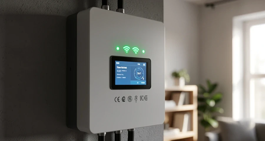 A homeowner checking real-time solar generation on a smartphone app, standing in a residential kitchen with natural light from windows, displaying Growatt or Deye interface on screen