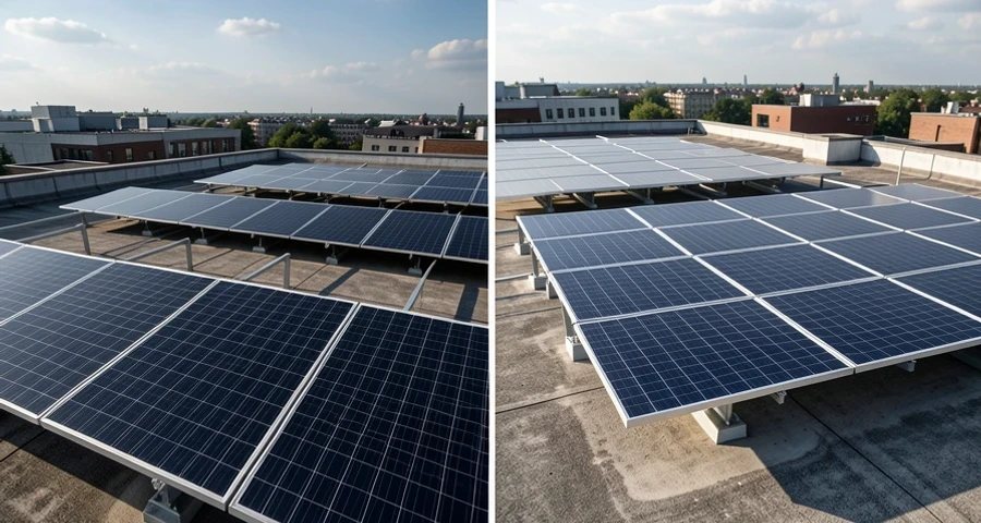 High-angle view of residential rooftop with monocrystalline solar panels installed on red clay tiles, afternoon sunlight creating shadows between rows, Brazilian urban neighborhood visible in background