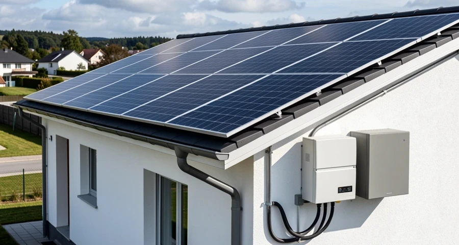 Residential rooftop in Brazil with monocrystalline solar panels installed, a Tesla or BYD electric vehicle parked in driveway below, clear sky, afternoon light