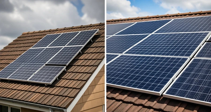 Residential rooftop in Brazil with monocrystalline solar panels installed, a Tesla or BYD electric vehicle parked in driveway below, clear sky, afternoon light