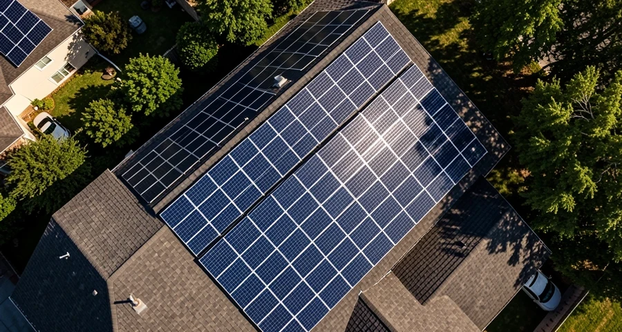 Residential rooftop in São Paulo with monocrystalline solar panels mounted on tiles, clear blue sky, afternoon sunlight, showing multiple string configurations and MC4 connectors