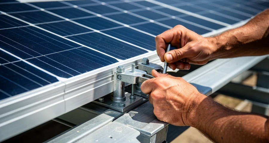 Aerial view of residential condominium rooftop with multiple monocrystalline solar panels installed in neat rows, blue sky background, surrounding buildings visible, afternoon sunlight casting shadows between panels