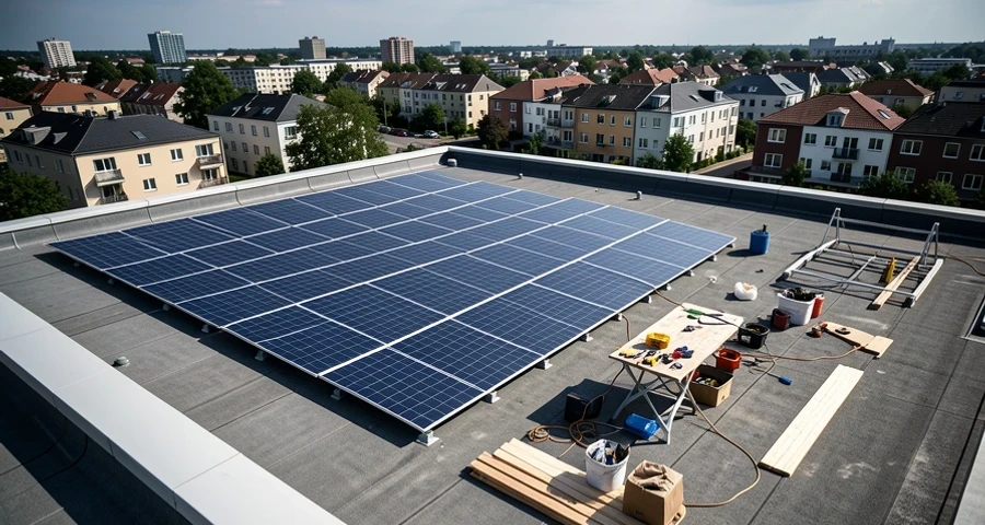 Aerial view of residential condominium rooftop with multiple monocrystalline solar panels installed in neat rows, blue sky background, surrounding buildings visible, afternoon sunlight casting shadows between panels